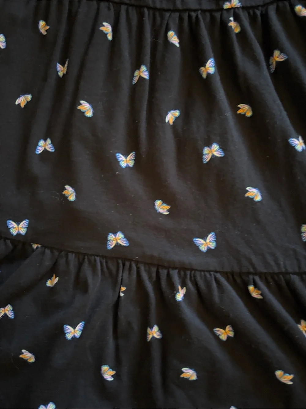 Old Navy Black Butterfly Tiered Dress with Blue & Pink Accents